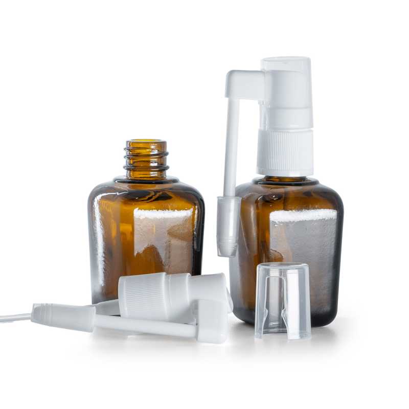 Flacon carré en verre ambré, spray oral blanc, 30 ml