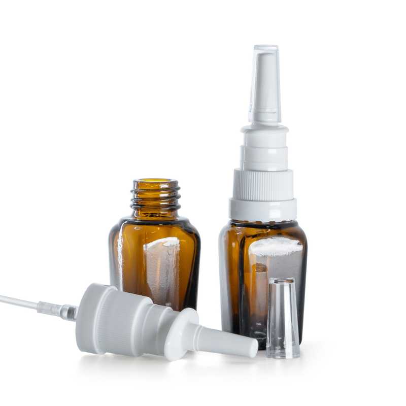 Flacon carré en verre ambré, spray nasal blanc, 10 ml