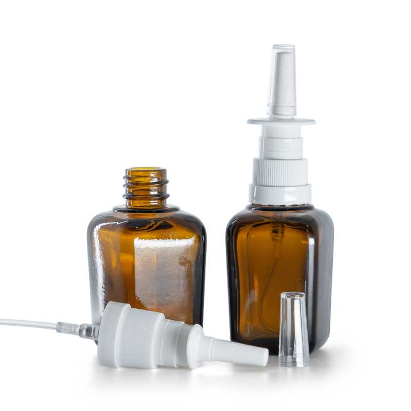 Flacon carré en verre ambré, spray nasal blanc, 30 ml