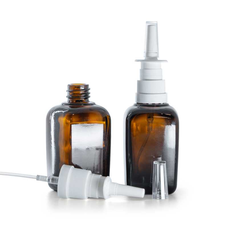 Flacon carré en verre ambré, spray nasal blanc, 45 ml