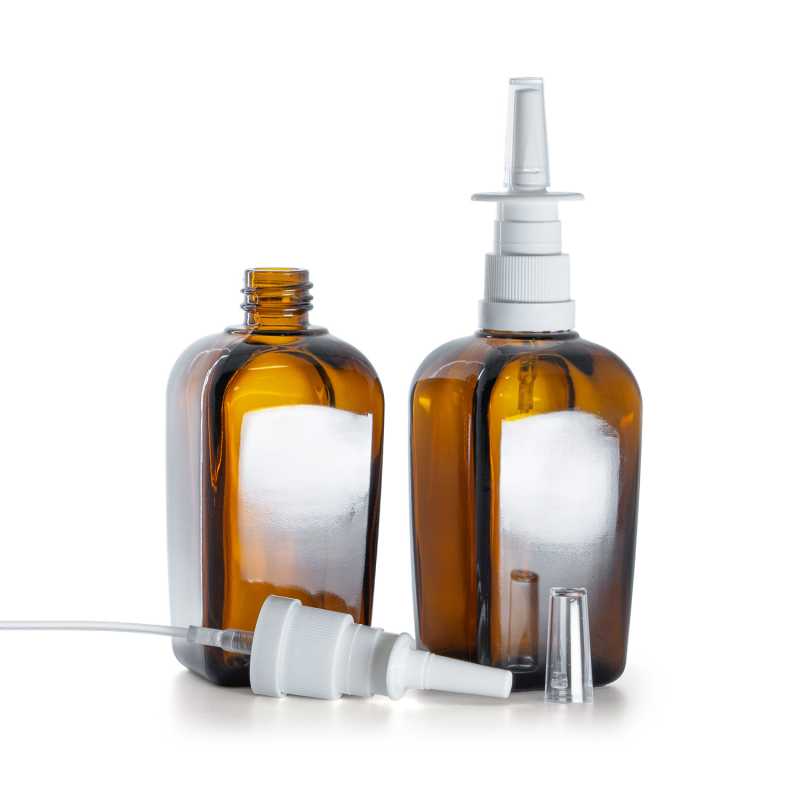 Flacon carré en verre ambré, spray nasal blanc, 90 ml
