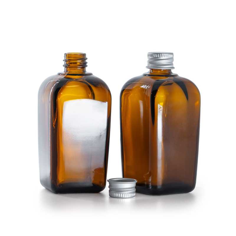 Bouteille carrée en verre ambré, bouchon en aluminium argenté, 90 ml