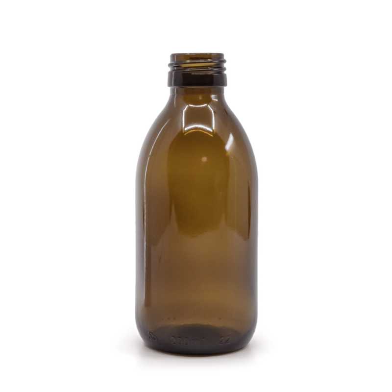 Bouteille ronde ambrée en verre pour Sirup, PP28, 200 ml