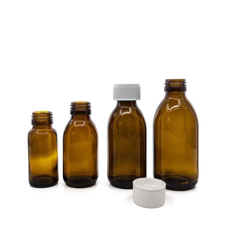 Bouteille ronde ambrée en verre Sirup, 28 mm, bouchon de sécurité blanc, 200 ml