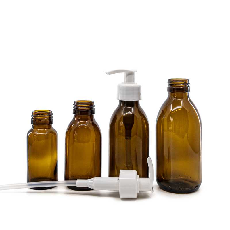 Bouteille ronde en verre Sirup ambre, PP28, pompe blanche, 150 ml