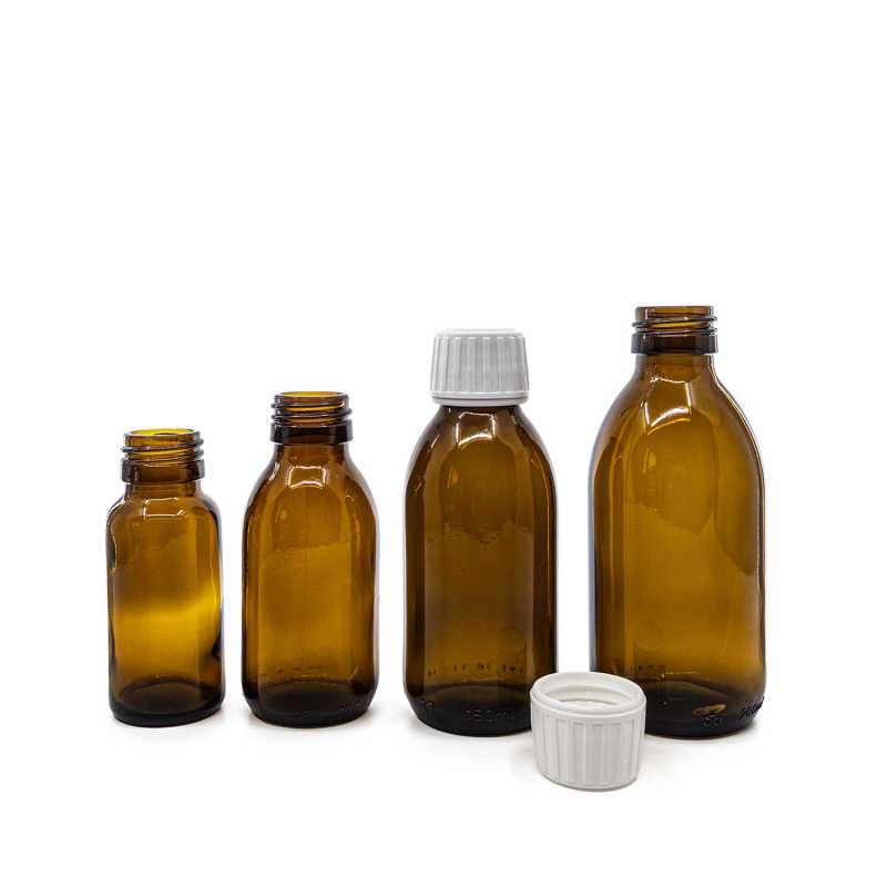 Bouteille ronde ambrée en verre Sirup, 28 mm, bouchon blanc, 200 ml