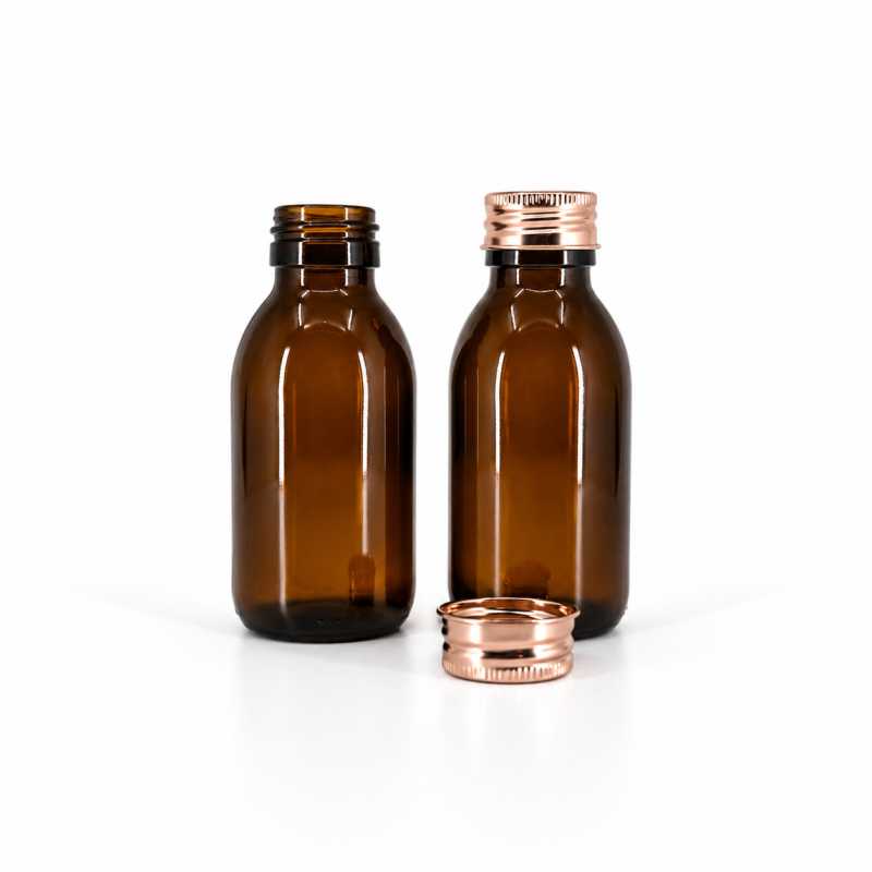 Flacon en verre brun, col 28 mm, bouchon en aluminium or rose, 100 ml