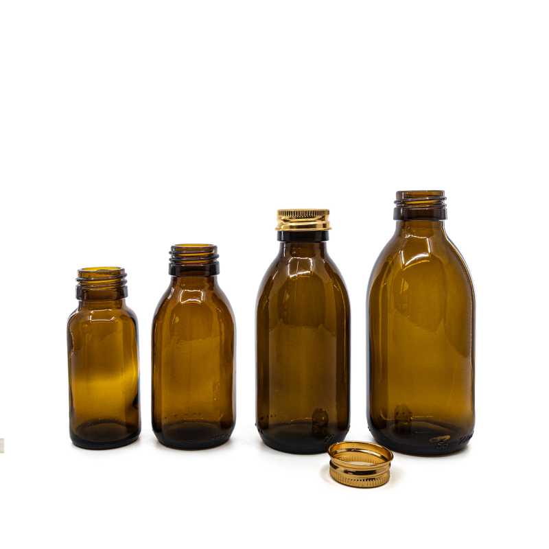 Bouteille en verre brune, 28 mm, bouchon en aluminium rose doré, 200 ml