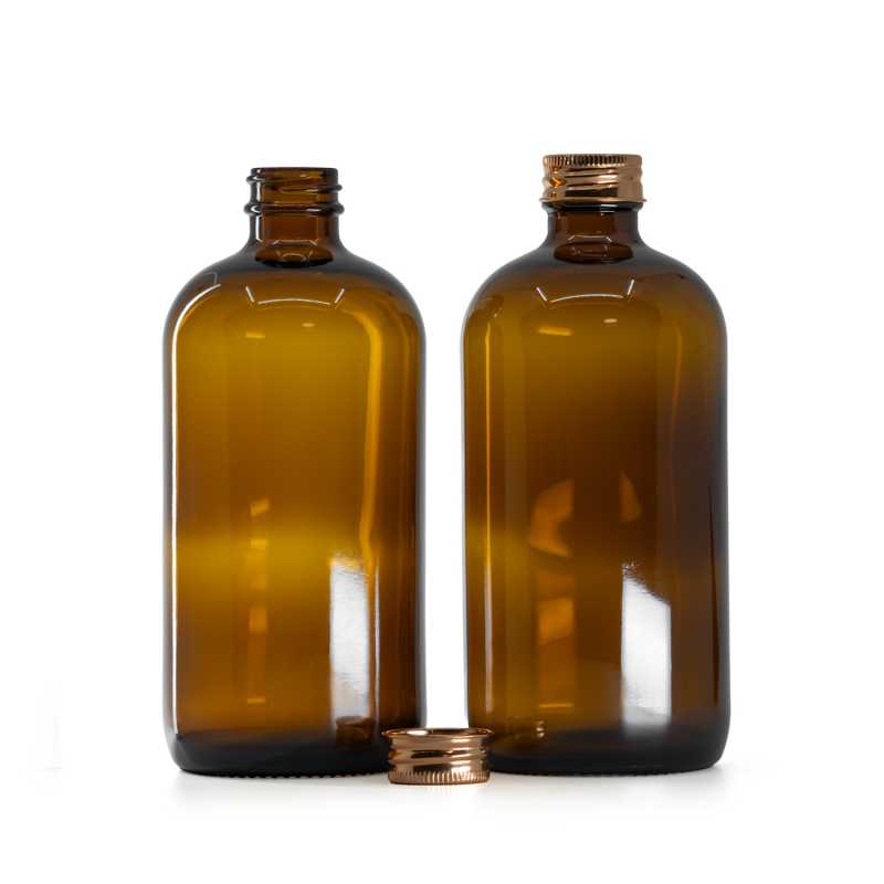 Bouteille en verre brune, 28 mm, bouchon en aluminium or rose, 480 ml