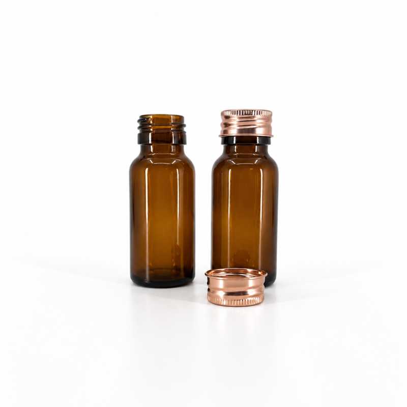 Flacon en verre brun, 50 ml, 28 mm, bouchon en aluminium rose doré