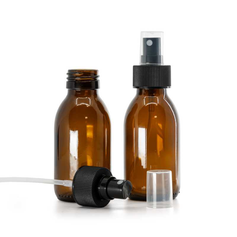 Bouteille ronde ambrée en verre Sirup, PP28, pulvérisateur à brouillard fin, noir, col nervuré, 28/4