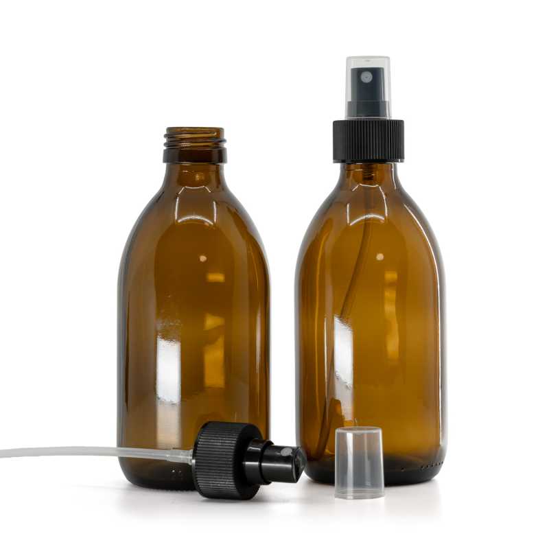 Bouteille ronde ambrée en verre Sirup, PP28, pulvérisateur à brouillard fin, noir, col nervuré, 28/4
