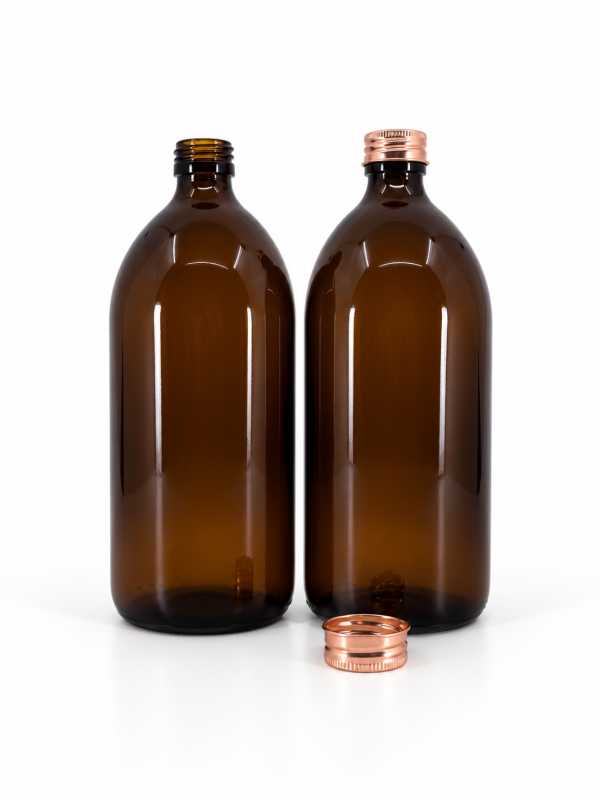 Bouteille en verre brune, 28 mm, bouchon or rose, 1 l
