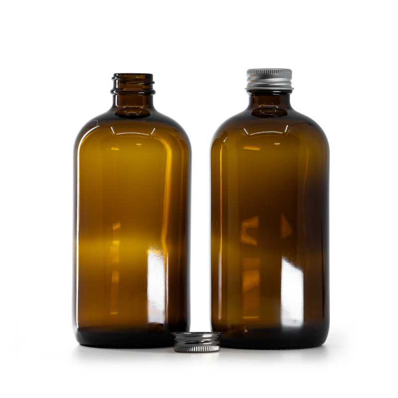 Flacon en verre rond Boston ambré, bouchon en aluminium argenté, 480 ml