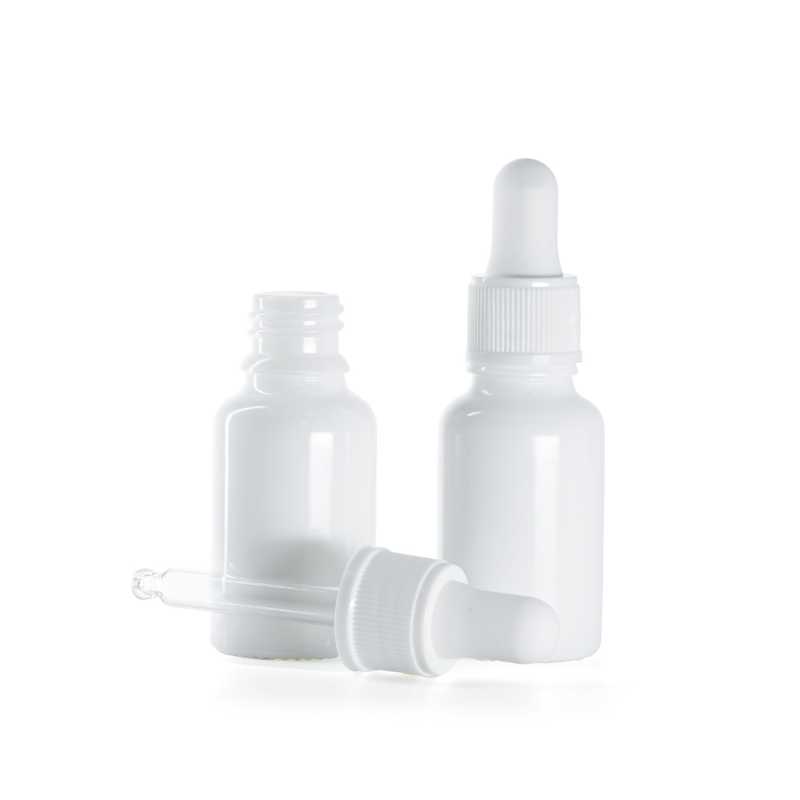 Flacon en verre blanc, compte-gouttes blanc mat, 15 ml