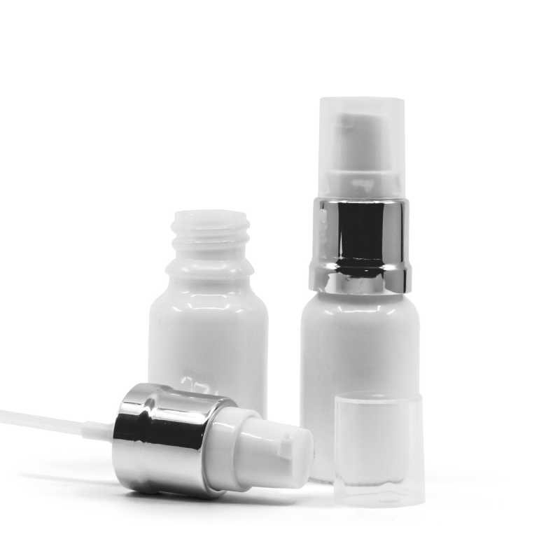 Flacon en verre blanc, pompe blanche argentée brillante, 10 ml