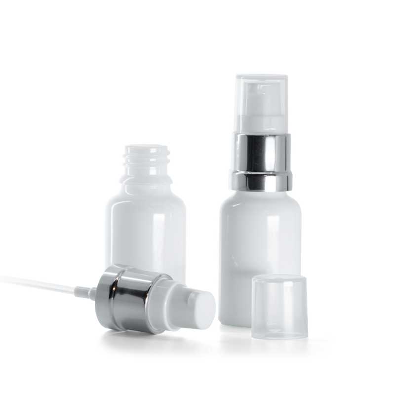 Flacon en verre blanc, pompe en argent brillant blanc, 15 ml