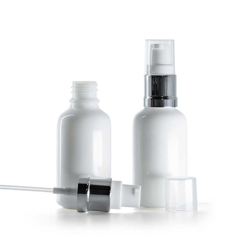 Flacon en verre blanc avec pompe blanche et argentée brillante, 30 ml
