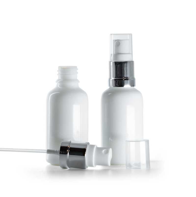 Flacon en verre blanc avec pompe spray blanc argenté, 30 ml