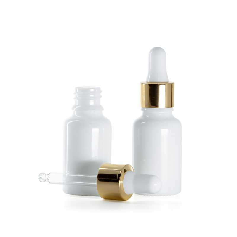 Flacon en verre blanc, compte-gouttes blanc doré, 15 ml