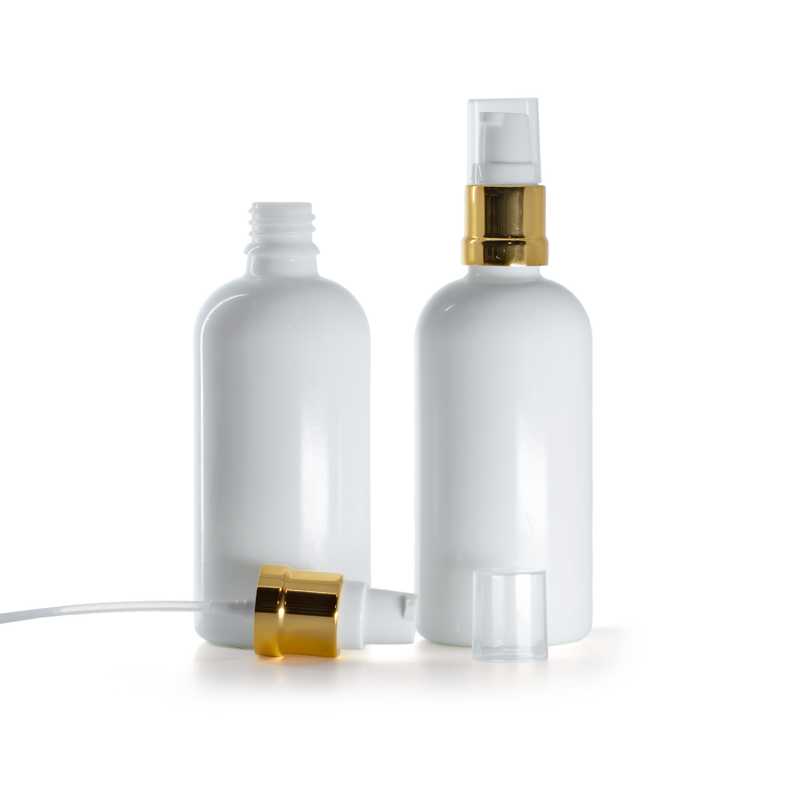 Flacon en verre blanc, pompe en or blanc brillant, 100 ml
