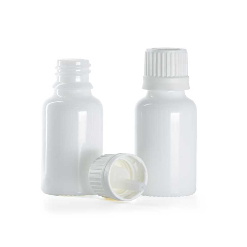 Flacon en verre blanc, bouchon blanc inviolable et compte-gouttes, 15 ml