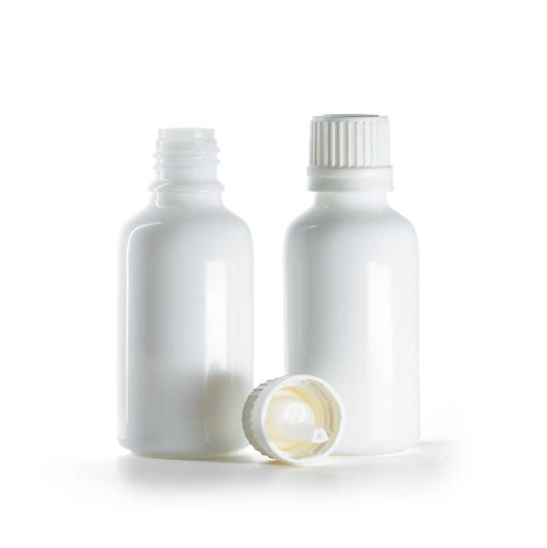 Flacon compte-gouttes en verre blanc avec bouchon inviolable, 30 ml