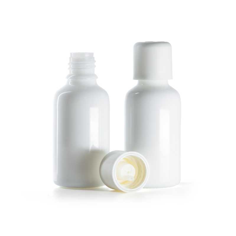 Flacon compte-gouttes en verre blanc avec bouchon de sécurité blanc, 30 ml