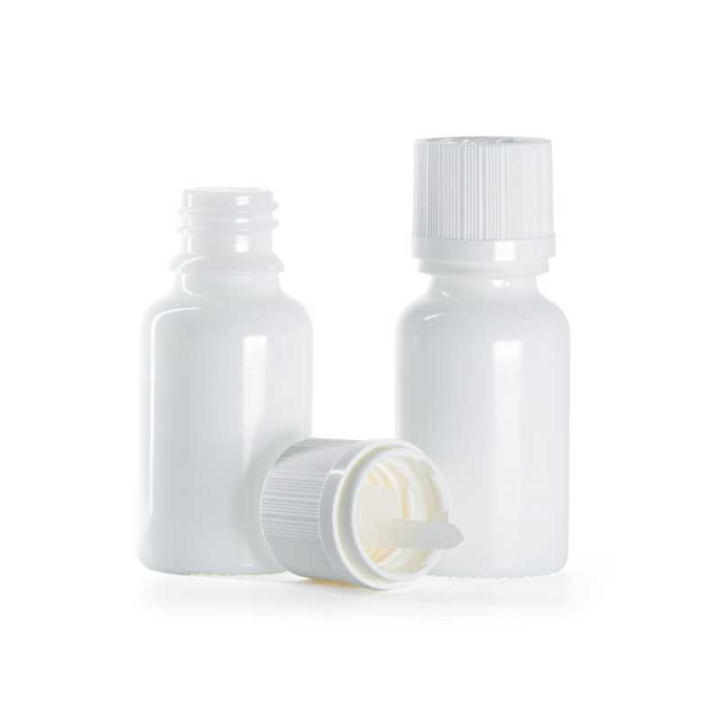 Flacon en verre blanc, bouchon de sécurité blanc inviolable et compte-gouttes, 15 ml