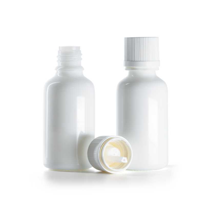 Flacon en verre blanc, capsule inviolable blanche avec compte-gouttes, 30 ml