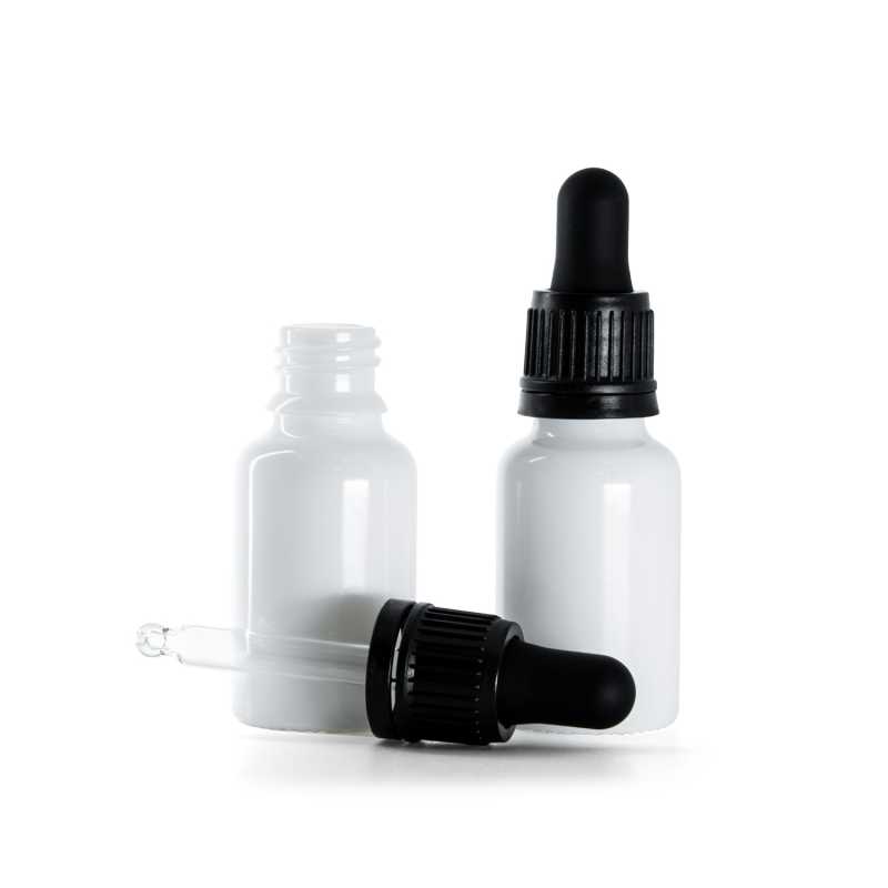 Flacon en verre blanc, compte-gouttes noir, 15 ml
