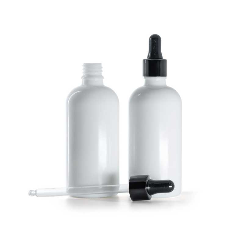 Flacon en verre blanc, compte-gouttes noir brillant, 100 ml