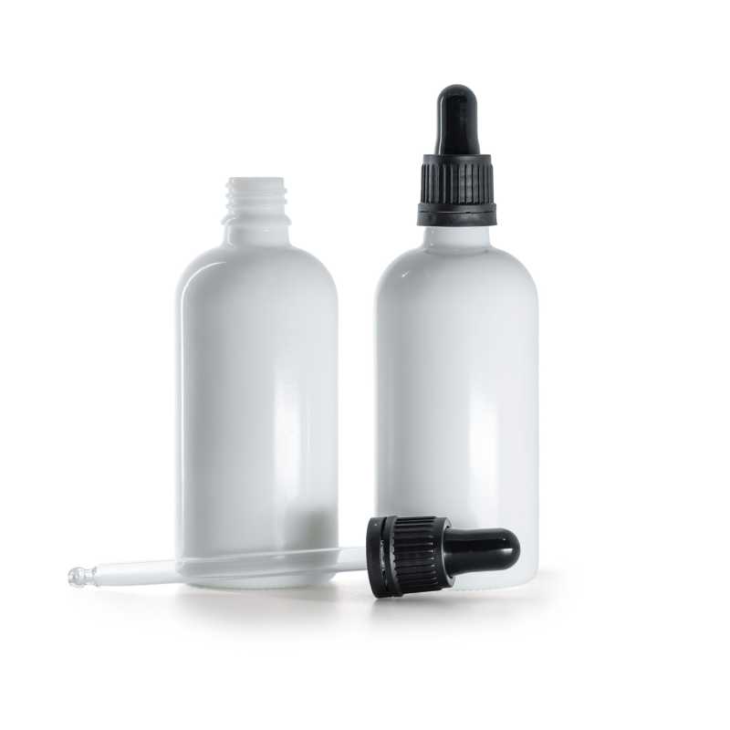 Flacon en verre blanc, compte-gouttes noir, 100 ml  