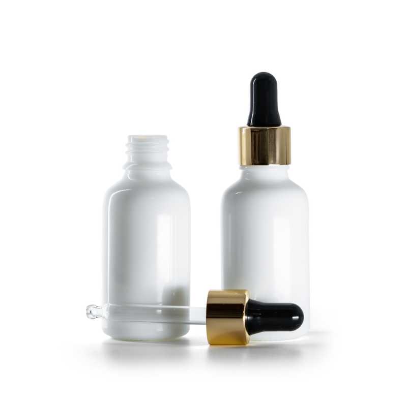 Flacon en verre blanc avec pipette noir et or, 30 ml