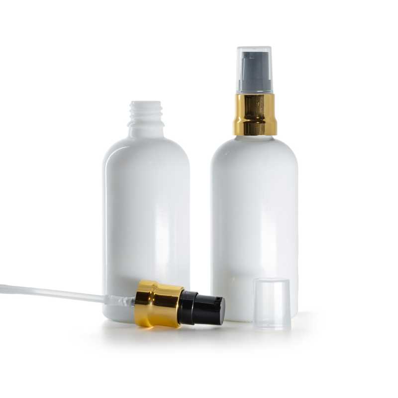 Flacon en verre blanc, pompe noire dorée brillante avec bouchon transparent, 100 ml