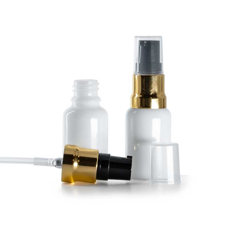 Flacon en verre blanc, pompe noire dorée brillante avec bouchon transparent, 15 ml