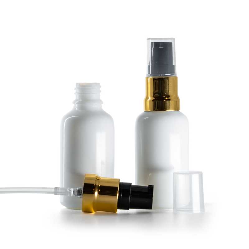 Flacon en verre blanc, pompe noire dorée brillante avec bouchon transparent, 30 ml