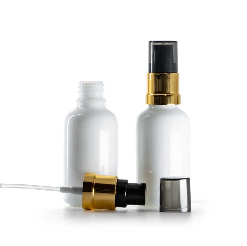 Flacon en verre blanc avec pompe brillante noir et or, 30 ml