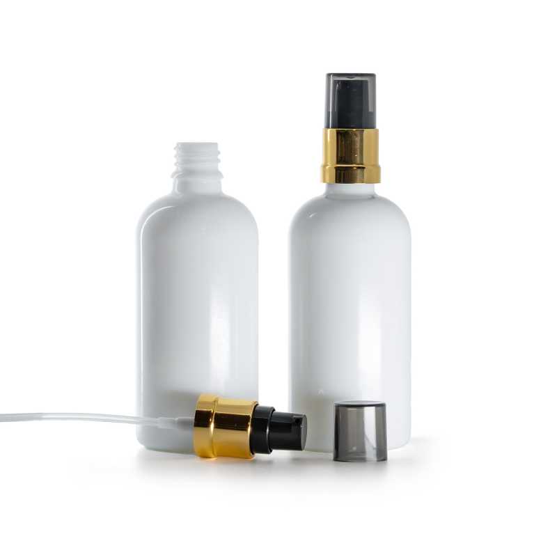 Flacon en verre blanc, pompe noire et dorée brillante avec surcapuchon fumé, 100 ml