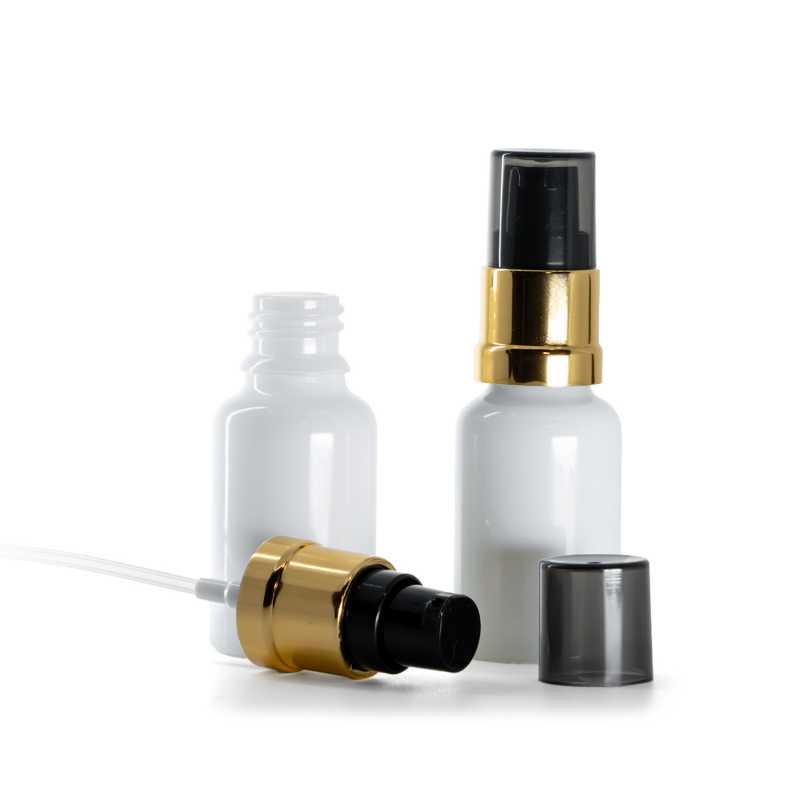Flacon en verre blanc, pompe noire et dorée brillante avec surcapuchon fumé, 15 ml