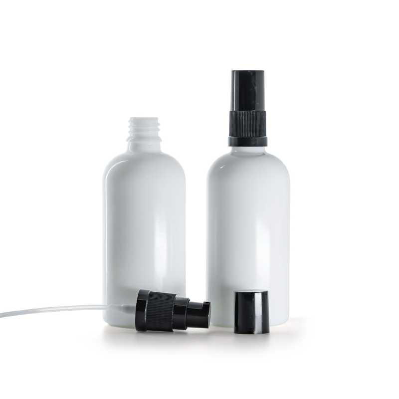 Flacon en verre blanc, pompe à lotion noire, bouchon noir, 100 ml