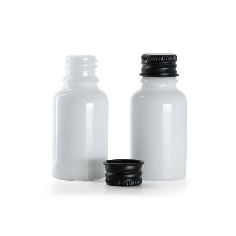 Flacon en verre blanc, bouchon en aluminium noir, 15 ml