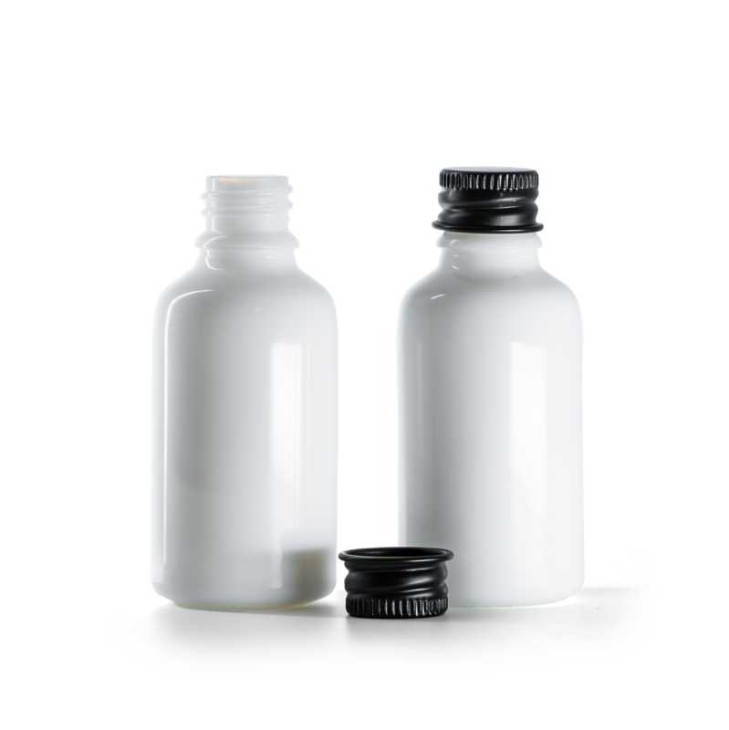 Flacon en verre blanc, capsule en aluminium noire, 30 ml