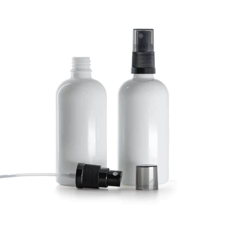 Flacon en verre blanc, spray brume fine noir, surcapuchon fumé, 100 ml