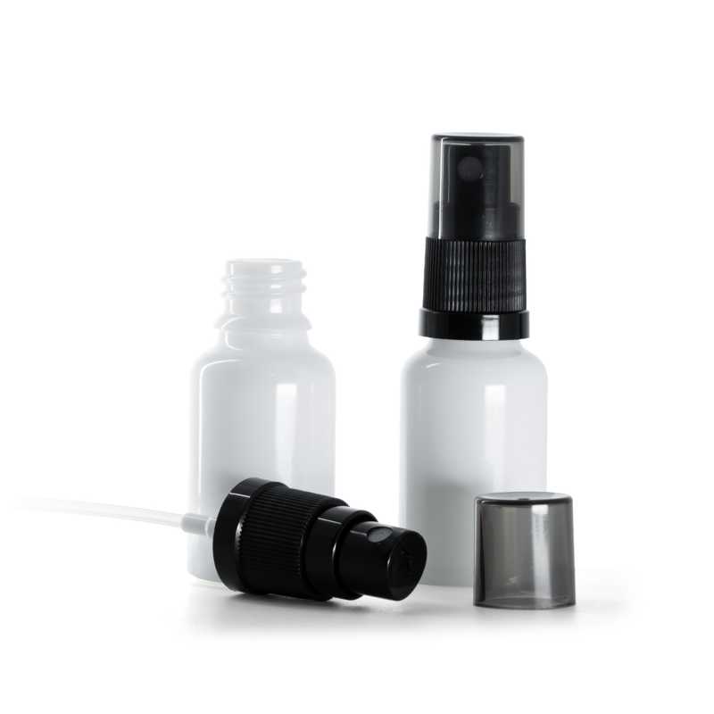 Flacon en verre blanc, vaporisateur noir, bouchon fumé, 15 ml