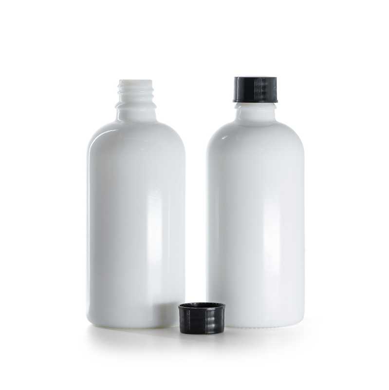 Bouteille en verre blanc, bouchon noir, 100 ml