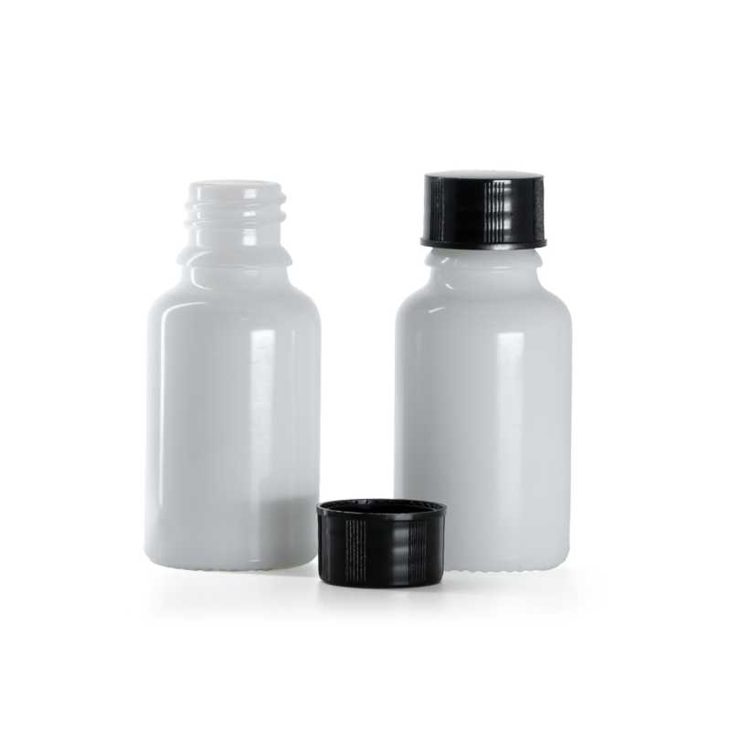 Flacon en verre blanc, bouchon noir, 15 ml