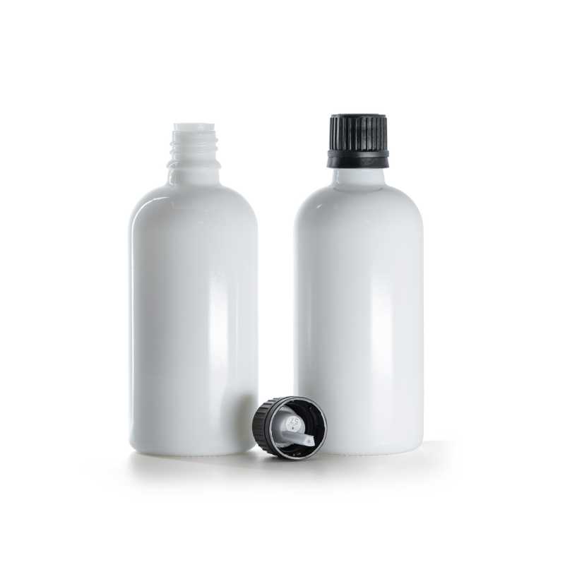 Flacon en verre blanc, bouchon noir et compte-gouttes 100 ml