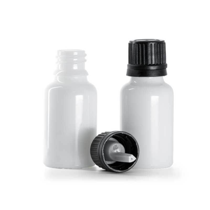 Flacon en verre blanc, bouchon noir et compte-gouttes 15 ml