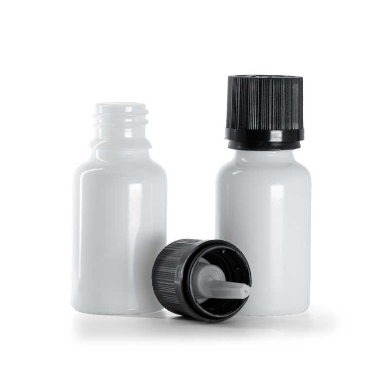 Flacon en verre blanc, bouchon de sécurité noir et compte-gouttes 15 ml